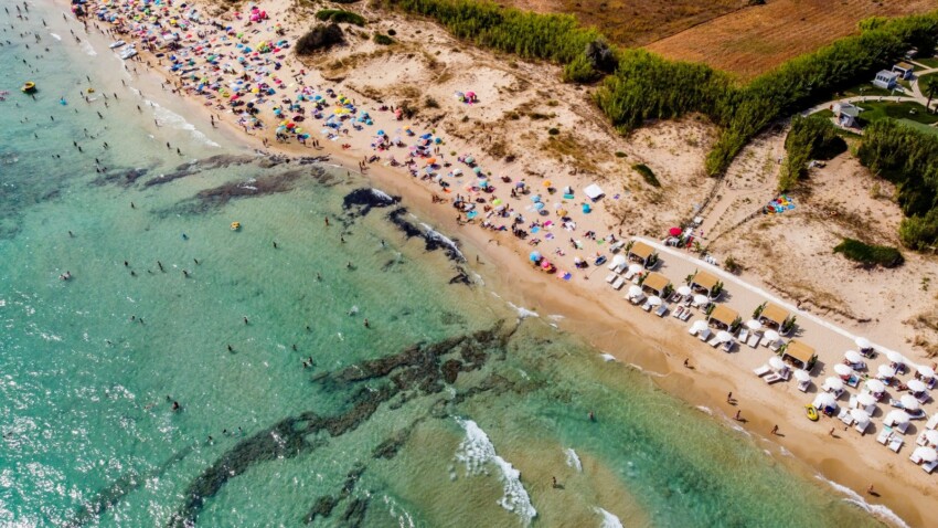 Aerial view of Pescoluse beach, the Maldives of Salento